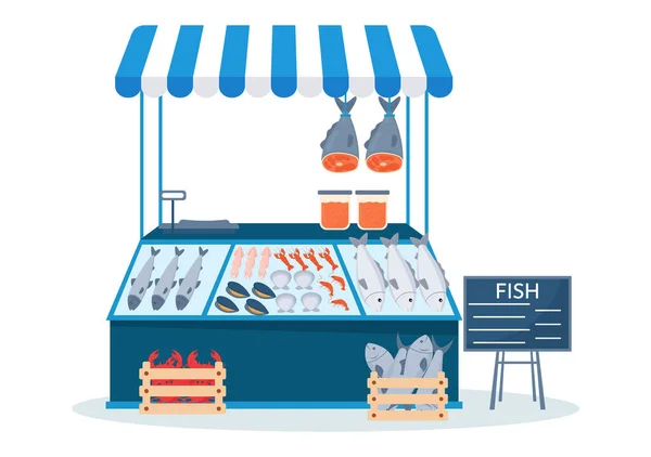 Ryby Skladovat Trh Různé Čerstvé Hygienické Produkty Mořské Plody Ploché — Stockový vektor
