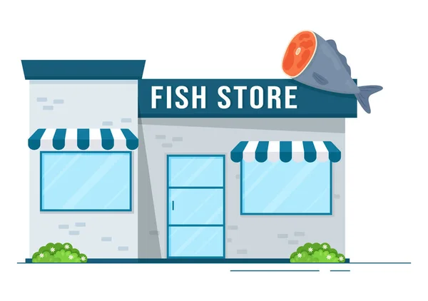 Fish Store Market Különféle Friss Higiénikus Termékek Seafood Lapos Rajzfilm — Stock Vector