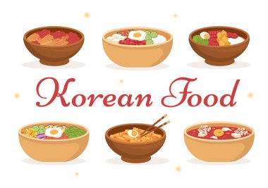 Düz Çizgili El Çizim Şablonu 'nda Kore Yemekleri Geleneksel veya Ulusal Lezzetli Mutfak Yemeği Menüsü