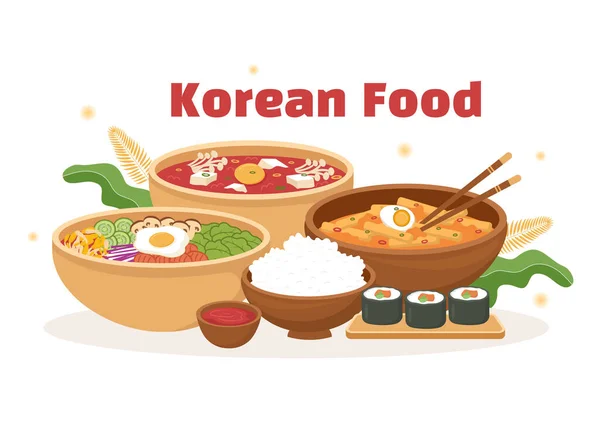 Koreanisches Essen Menü Mit Verschiedenen Traditionellen Oder Nationalen Delikatessen Flachen — Stockvektor