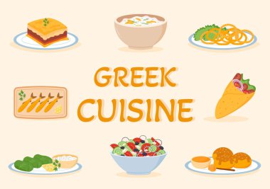 Yunan Mutfak Restoranı Menü Lezzetli Tabakları Çizgi Film El Çizim Şablonu 'nda Geleneksel veya Ulusal Yemekleri Ayarladı