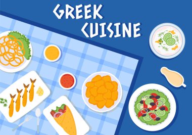 Yunan Mutfak Restoranı Menü Lezzetli Tabakları Çizgi Film El Çizim Şablonu 'nda Geleneksel veya Ulusal Yemekleri Ayarladı