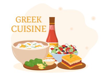 Yunan Mutfak Restoranı Menü Lezzetli Tabakları Çizgi Film El Çizim Şablonu 'nda Geleneksel veya Ulusal Yemekleri Ayarladı