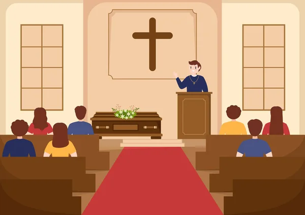 フラット 漫画ハンド ドロー テンプレートによるカトリック教会でのカソックでの神の説教 イラスト — ストックベクタ