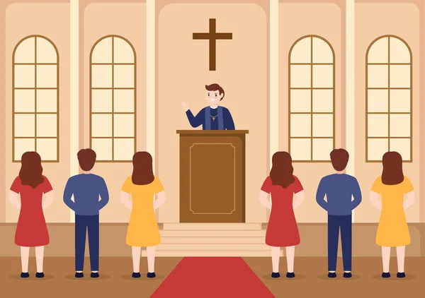 Pastor Dando Sermón Dios Sotana Una Iglesia Católica Desde Púlpito — Vector de stock