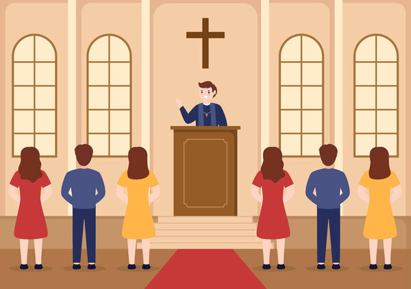 Pastor Giving a Sermon of God in Cassock at a Catholic Church from Pulpit and Baptism in Flat Cartoon Hand Drawn Templates Illustration