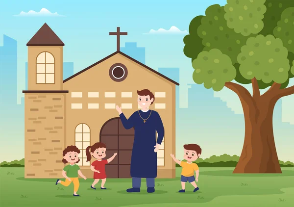 Pastor Hraje Některými Dětmi Před Vnitřním Katolickým Kostelem Ploché Kreslené — Stockový vektor