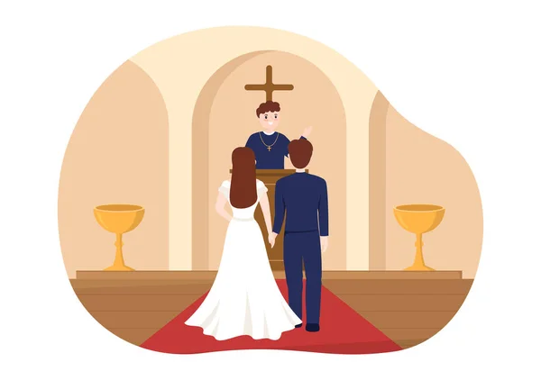 フラット漫画手描きテンプレートイラストで幸せなカップルと大聖堂カトリック教会の建物で結婚式 — ストックベクタ