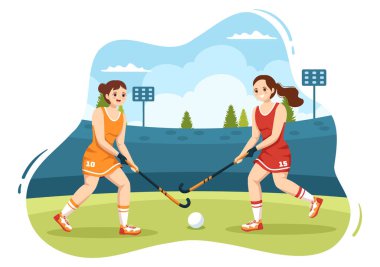 Flat Cartoon Hand Çizim Şablonları 'nda Yeşil Alan veya Şampiyonada Miğfer, Sopa, Puck ve Pkates ile Hokey Oyuncu Spor