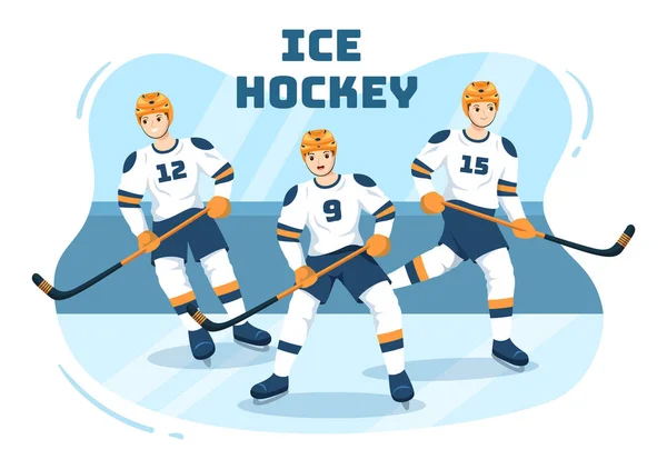 stock vector Ice Hockey Player Sport with Helmet, Stick, Puck and Skates in Ice Surface for Game or Championship in Flat Cartoon Hand Drawn Templates Illustration