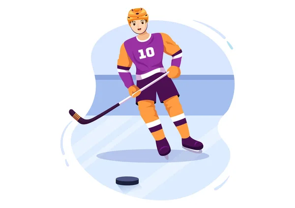 stock vector Ice Hockey Player Sport with Helmet, Stick, Puck and Skates in Ice Surface for Game or Championship in Flat Cartoon Hand Drawn Templates Illustration