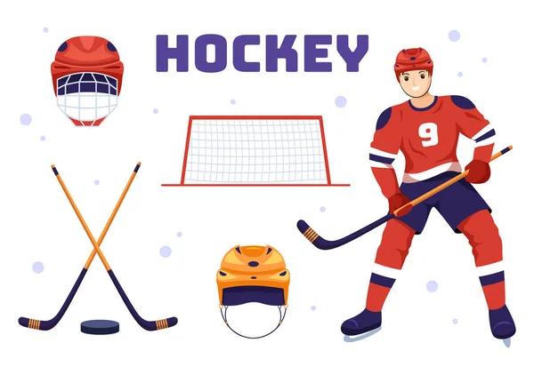 stock vector Ice Hockey Player Sport with Helmet, Stick, Puck and Skates in Ice Surface for Game or Championship in Flat Cartoon Hand Drawn Templates Illustration