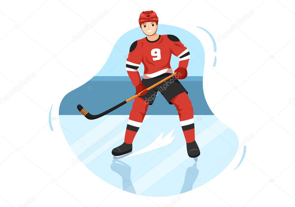Ice Hockey Player Sport with Helmet, Stick, Puck and Skates in Ice Surface for Game or Championship in Flat Cartoon Hand Drawn Templates Illustration