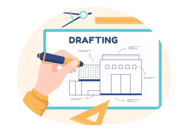 Drafting Engineer Architect Working Drawing Board Projecting Draft Flat Cartoon — Stock Vector