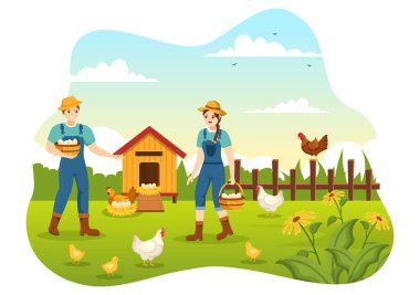 Çiftçi, Kafes, Tavuk ve Yumurta Çiftliği ile Kümes Hayvanları Yeşil Alan Arka plan Görünümü El Çizimi Şirin Çizimi Çizim Şablonu