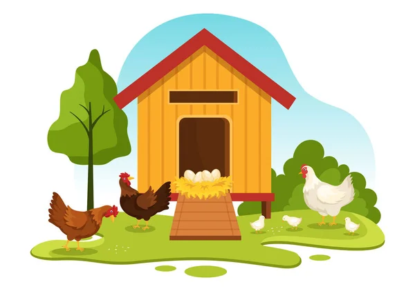 Fjäderfäuppfödning Med Lantbruk Cage Kyckling Och Ägg Gård Grön Fält — Stock vektor