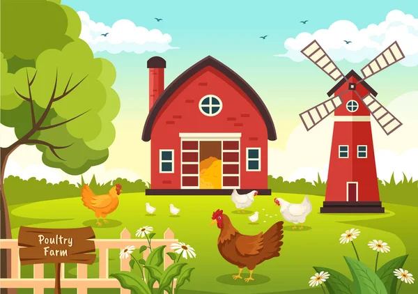 Κτηνοτροφία Αγρότης Κλουβί Κοτόπουλο Και Αυγό Farm Green Field Background — Διανυσματικό Αρχείο