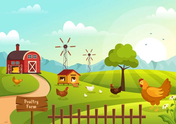 Poultry Farmer Cage Chicken Egg Farm Green Field Background View — 스톡 벡터