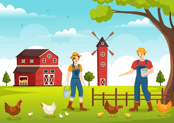 Agricultura Avícola Con Granjero Jaula Pollo Huevo Granja Campo Verde — Vector de stock