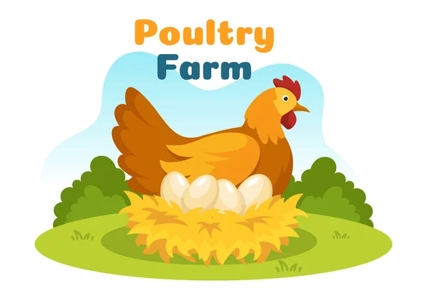 stock vector Poultry Farming with Farmer, Cage, Chicken and Egg Farm on Green Field Background View in Hand Drawn Cute Cartoon Template Illustration