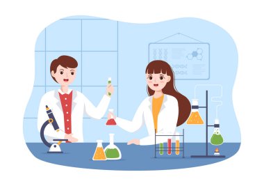 Düz El Çizim Şablonları İllüstrasyonundaki Laboratuvarda Araştırma Bilimi, Deney ve Ölçüm Laboratuvarı