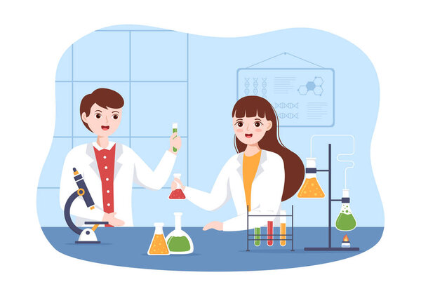 Laboratorium with Conducting Research Scientific, Experimentation and Measurement in a Lab in Flat Cartoon Hand Drawn Templates Illustration