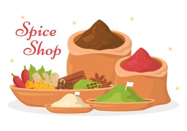Spice Shop with Different Hot Spices, Condiment, Exotic Fresh Seasoning and Traditional Herbs in Flat Cartoon Hand Drawn Templates Illustration clipart