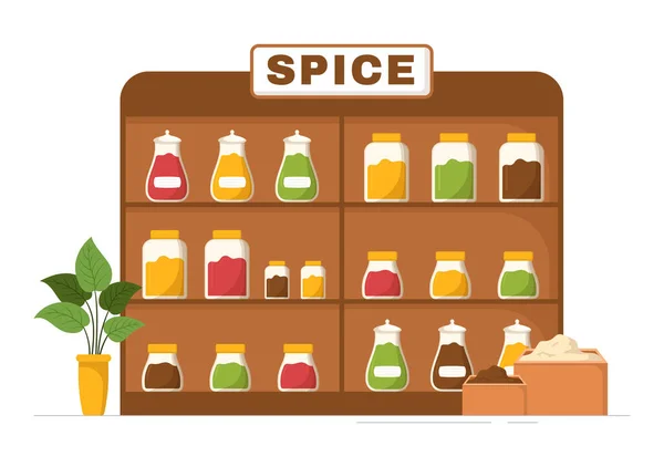 Spice Shop Different Hot Spices Condiment Exotic Fresh Seasoning Traditional — Stock Vector