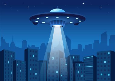 UFO Flying Spaceship with Rays of Light in Sky Night City View and Alien in Flat Cartoon Hand Drawn Templates Illustration clipart