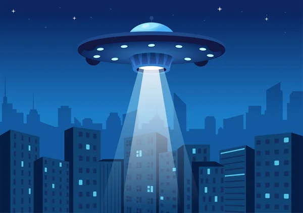 Ufo Vliegend Ruimteschip Met Stralen Van Licht Sky Night City — Stockvector