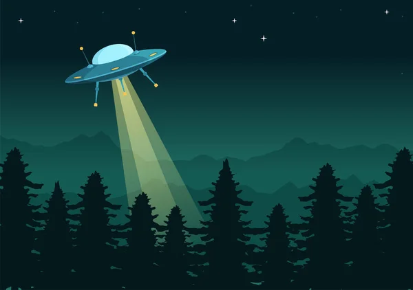 在天空夜景中闪烁着光芒的不明飞行物和平面卡通手绘模板图解中的外星人 — 图库矢量图片