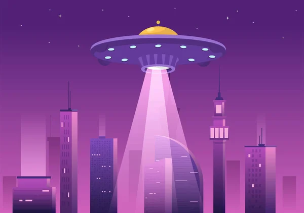 Ufo Flying Spaceship Con Raggi Luce Cielo Vista Città Notturna — Vettoriale Stock