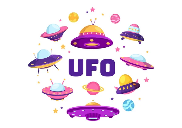 Ufo Fliegendes Raumschiff Mit Lichtstrahlen Himmel Nachtsicht Und Alien Flachen — Stockvektor