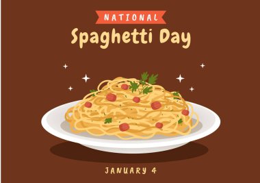 4 Ocak 'ta Ulusal Spagetti Günü' nde bir tabak İtalyan Eriştesi ya da Düz Çizim El Çizim Şablonu 'nda Farklı Tabaklar