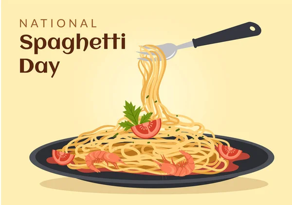 Nationale Spaghettidag Januari Met Een Bord Italiaanse Noedels Pasta Verschillende — Stockvector