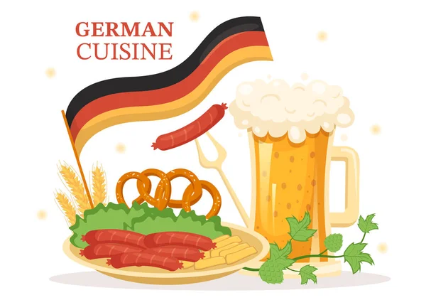 German Food Restaurant Collection Delicious Cuisine Traditional Drinks Flat Cartoon — Stock Vector