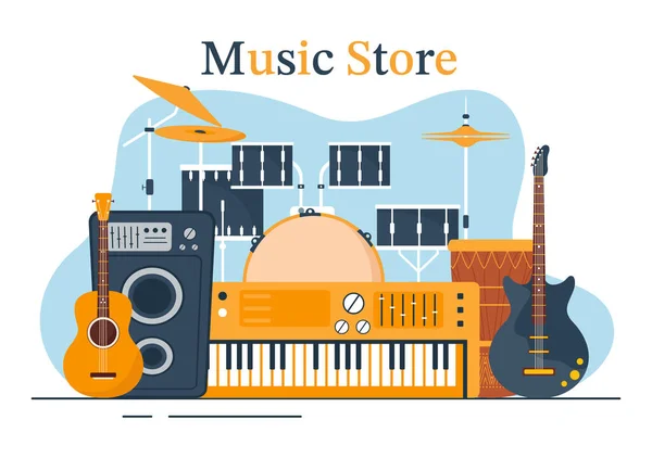 Tienda Música Con Varios Instrumentos Musicales Cintas Cassette Grabaciones Audio — Vector de stock