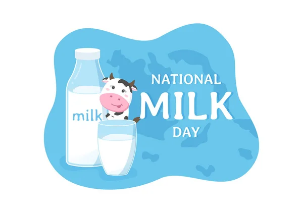 フラット漫画ハンドドローテンプレートで牛の白い新鮮なミルキーの滑らかな波のスプラッシュドロップで幸せなミルクの日のお祝いイラスト — ストックベクタ