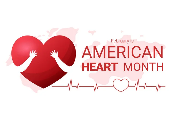 平面漫画手绘模板图例中 二月是美国心脏月 脉动对健康和克服心血管疾病有影响 — 图库矢量图片