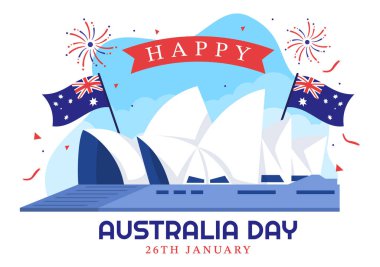 Mutlu Avustralya Günü, her yıl 26 Ocak 'ta Flags and map to Diversity of Peoples in Flat Cartoon Hand Drawn Illustration