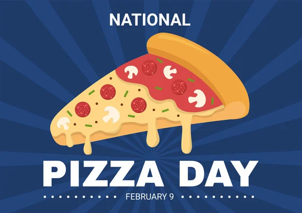 National Pizza Day Celebration Luty Przez Spożywanie Różnych Plasterków Płaskim — Wektor stockowy