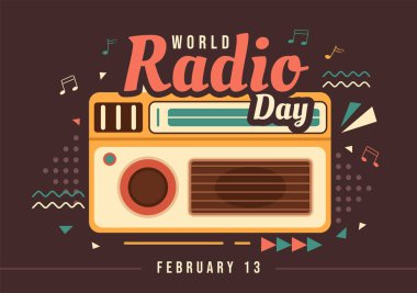 Dünya Radyo Günü, 13 Şubat 'ta Düztabaka Şablon, Bayrak ve Poster İniş Fikri Çizim Çizimi Çizimi Çizimi