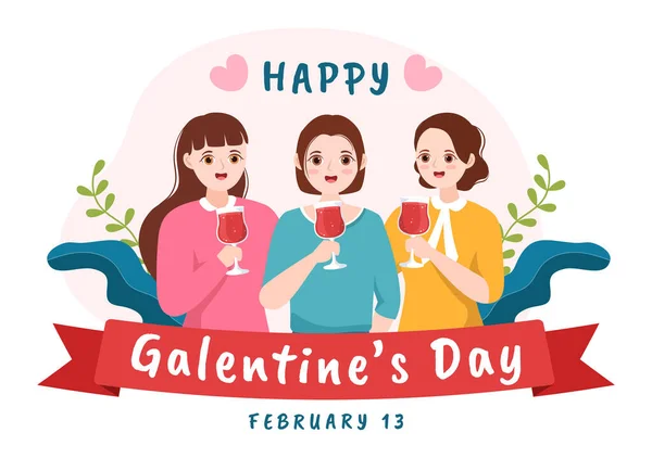 stock vector Happy Galentine's Day on February 13th with Celebrating Women Friendship for Their Freedom in Flat Cartoon Hand Drawn Template Illustration