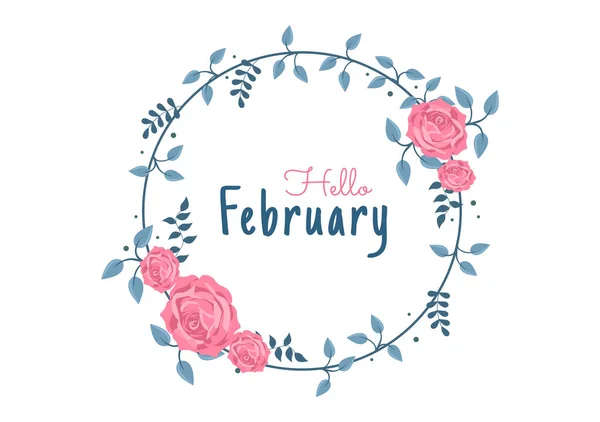 Hallo Februar Monat Mit Blumen Herzen Blättern Und Niedlichen Schriftzügen — Stockvektor