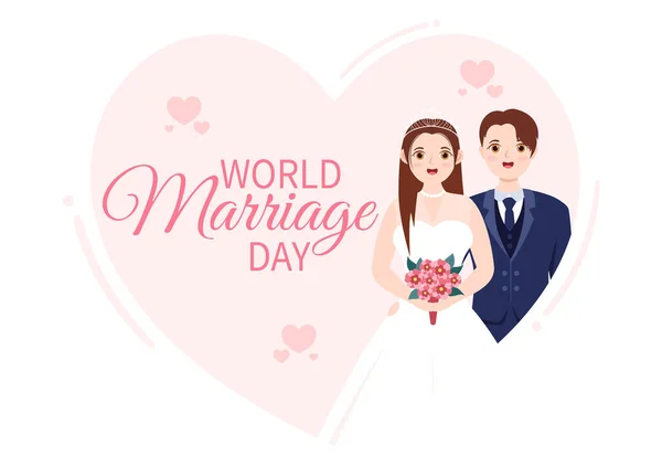 フラット漫画ハンドドローテンプレートでパートナーの美しさと忠誠心を強調する愛のシンボルを持つ2月12日の世界結婚の日イラスト — ストックベクタ
