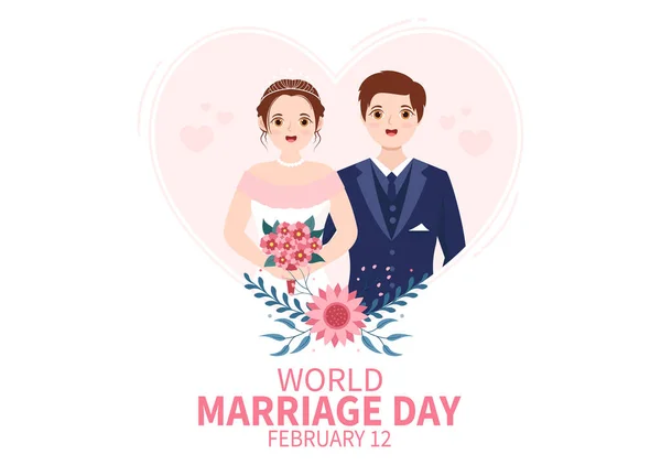 フラット漫画ハンドドローテンプレートでパートナーの美しさと忠誠心を強調する愛のシンボルを持つ2月12日の世界結婚の日イラスト — ストックベクタ