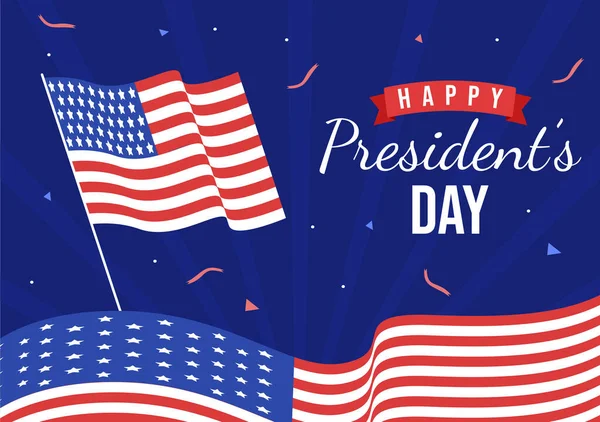 フラット漫画ハンドドローテンプレートのポスターに適したアメリカの大統領のための星とアメリカの旗と幸せな大統領の日イラスト — ストックベクタ