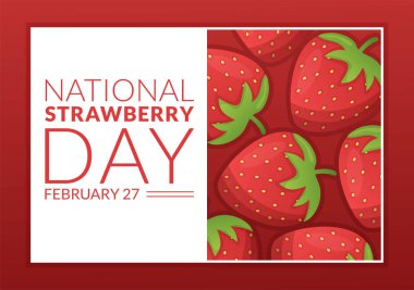 Ulusal Çilek Günü 27 Şubat 'ta Yassı El Çizim Şablonu' nda Küçük Kırmızı Meyve Kutlaması