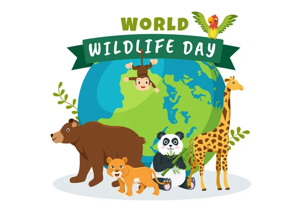 Día Mundial Vida Silvestre Marzo Para Aumentar Conciencia Los Animales — Archivo Imágenes Vectoriales