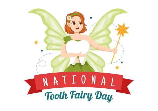 stock vector National Tooth Fairy Day with Little Girl to Help Kids for Dental Treatment Fit as a Poster in Flat Cartoon Hand Drawn Template Illustration